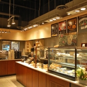 Commercial project - Interior Fit-up - Bridgehead coffeehouse - finished interior, custom millwork, custom counter, hanging lights and coffee machines