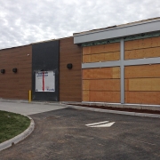 Commercial project - Wendy's at Gardiners Rd., Kingston - flagship store - new design, first in ontario - exterior drive-thru side with wood paneling