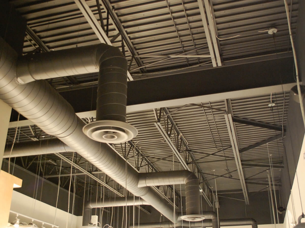 Commercial project - Interior Fit-up - Bridgehead coffeehouse - ceiling details, hvac duct work, roof steel structure